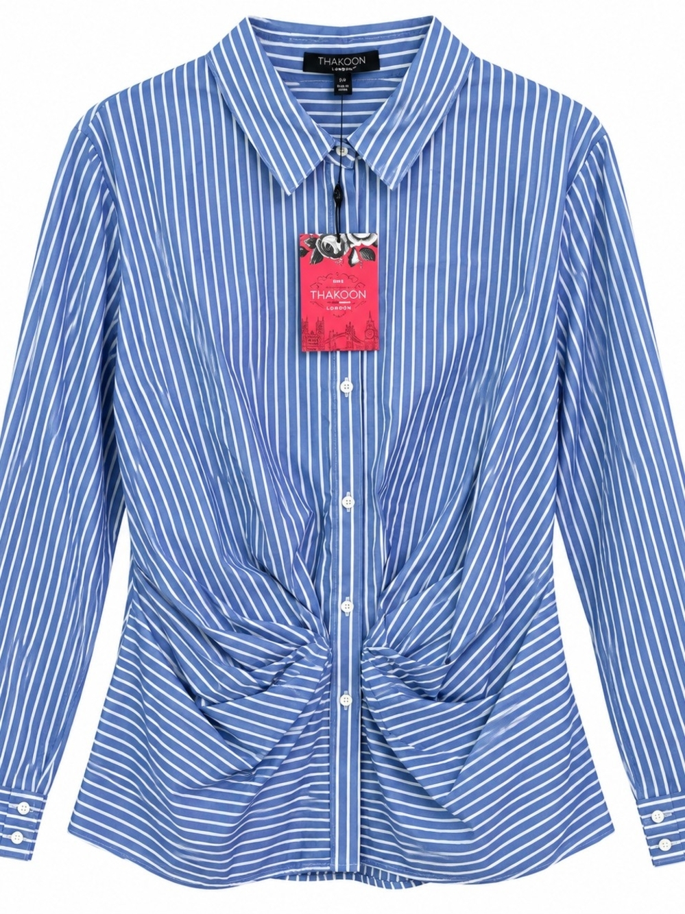 Thakoon Blue and White Striped Twist-Front Button-Down Shirt